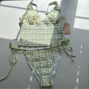 Samiol Large Green Plaid Ruched Tankini Set